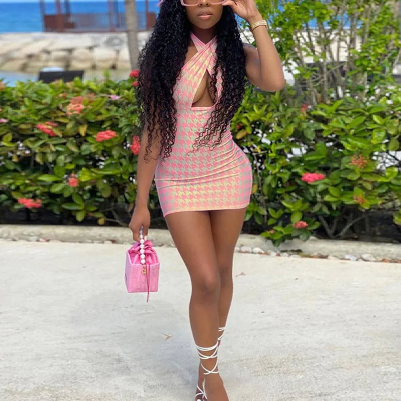 Halter Neck Houndstooth Print Bodycon Mini Dress