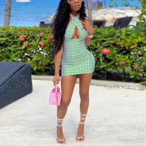 Halter Neck Houndstooth Print Bodycon Mini Dress