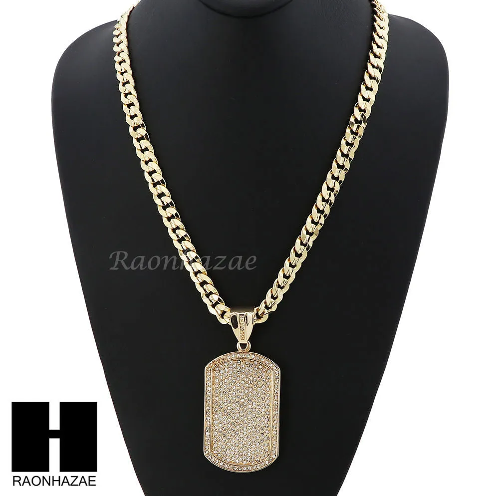 HIP HOP DOG TAG PAVE PENDANT DIAMOND CUT CUBAN LINK CHAIN NECKLACE N38