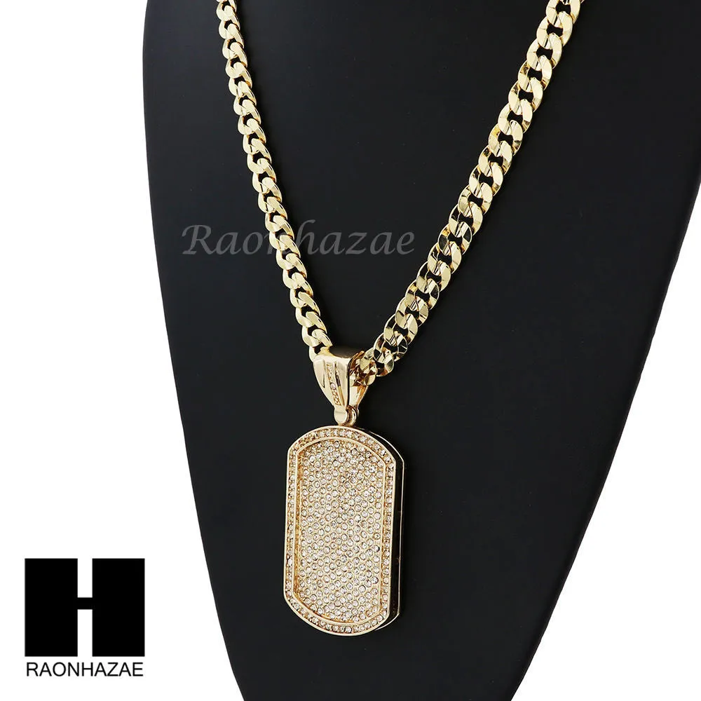 HIP HOP DOG TAG PAVE PENDANT DIAMOND CUT CUBAN LINK CHAIN NECKLACE N38