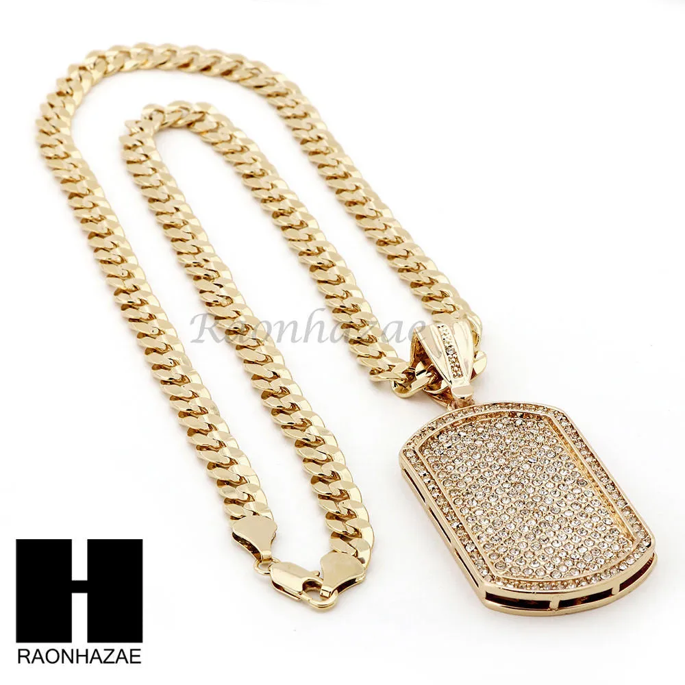 HIP HOP DOG TAG PAVE PENDANT DIAMOND CUT CUBAN LINK CHAIN NECKLACE N38