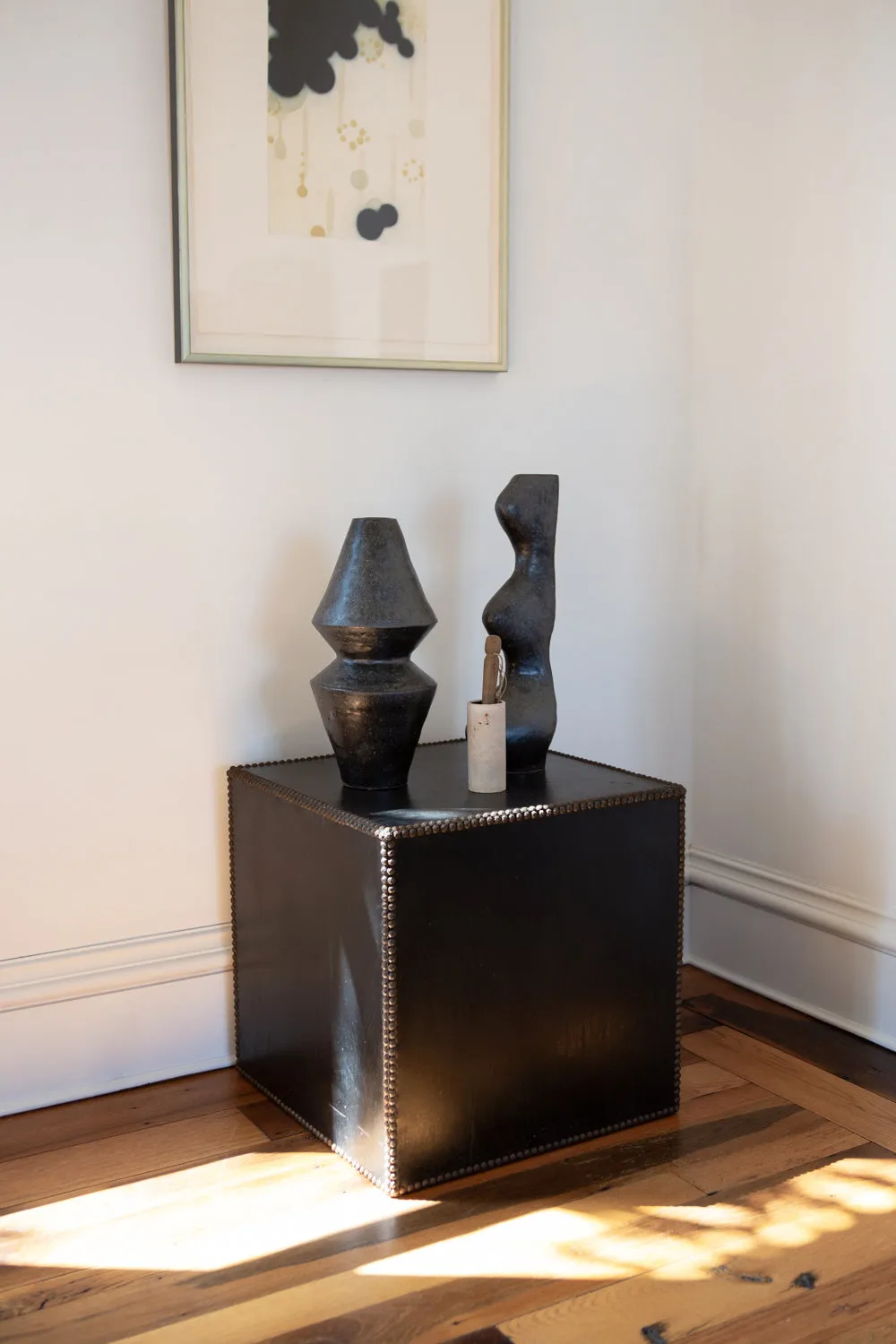 Hollywood Regency Style Black Leather Cube