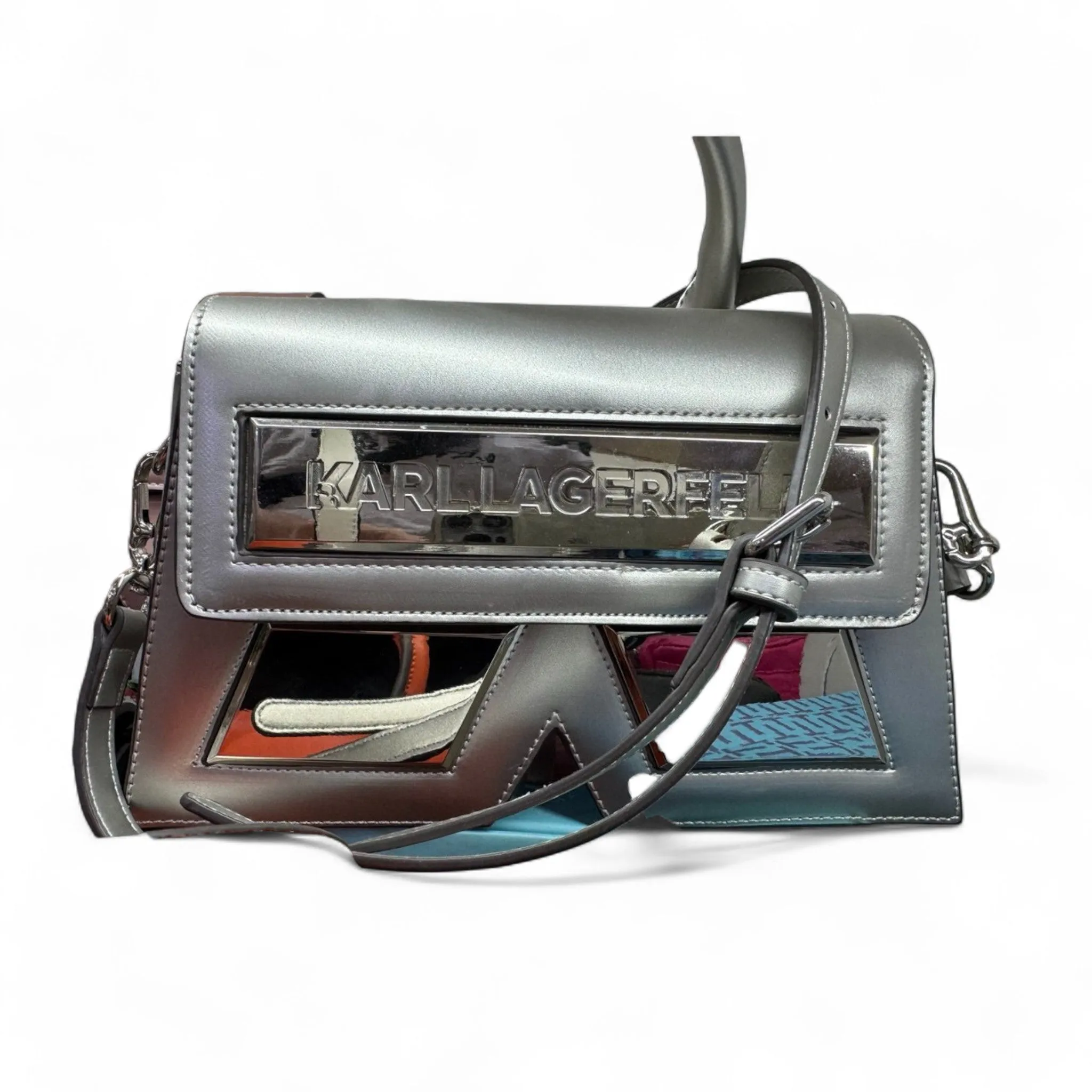 Holographic Karl Lagerfeld Sculpted Bag ⚡🩶 – Reflective Futurism Meets Iconic Shape