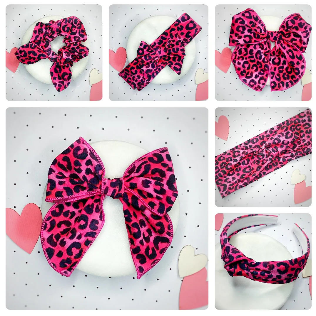Hot Pink Leopard Bow Strip, Headband and Scrunchie Collection