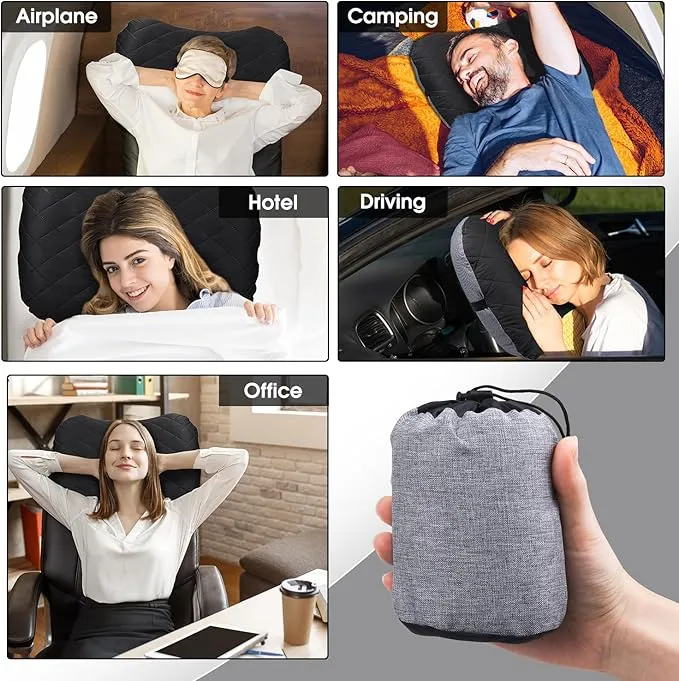 Inflatable Camping Pillow with Removable Cover - Ultralight Compact Camp Pillows for Sleeping, Backpacking, Hiking, Beach, Outdoor - Portable Blow Up Air Travel Pillow for Neck & Lumbar Support -Black