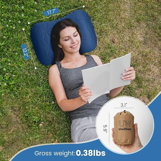 Inflatable Camping Pillow with Removable Cover - Ultralight Inflatable Pillow for Camping Lightweight, Ergonomic and Washable for Camping, Hiking, and Travel Blue