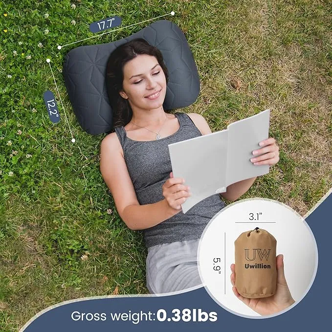 Inflatable Camping Pillow with Removable Cover - Ultralight Inflatable Pillow for Camping Lightweight, Ergonomic and Washable for Camping, Hiking, and Travel Gray