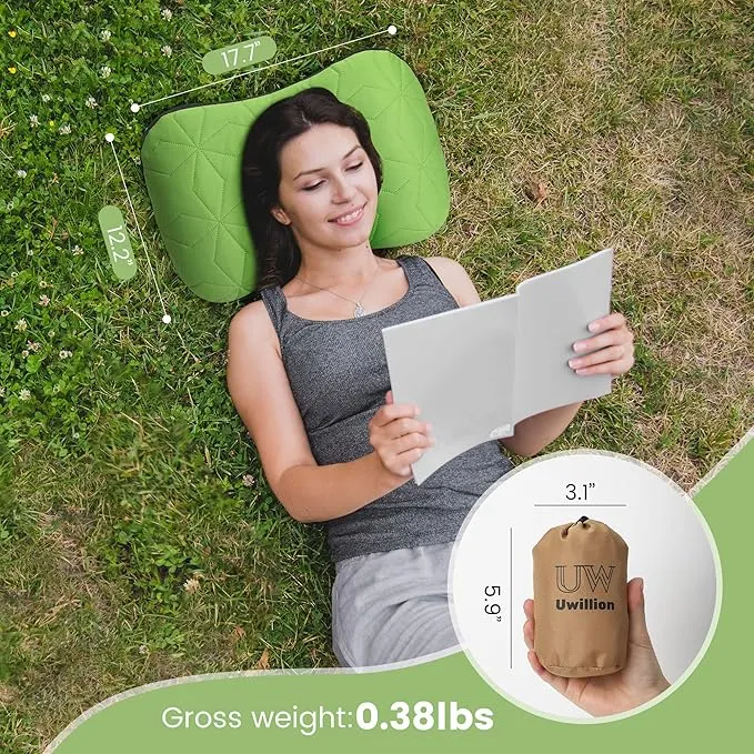 Inflatable Camping Pillow with Removable Cover - Ultralight Inflatable Pillow for Camping Lightweight, Ergonomic and Washable for Camping, Hiking, and Travel Green