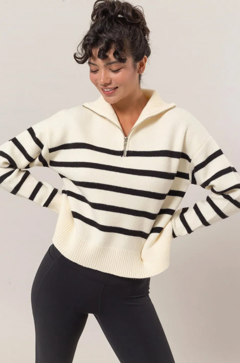 Ivory Black Strip Half Zip Sweater
