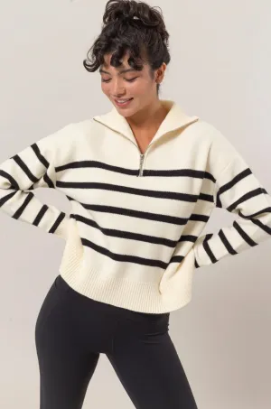 Ivory Black Strip Half Zip Sweater