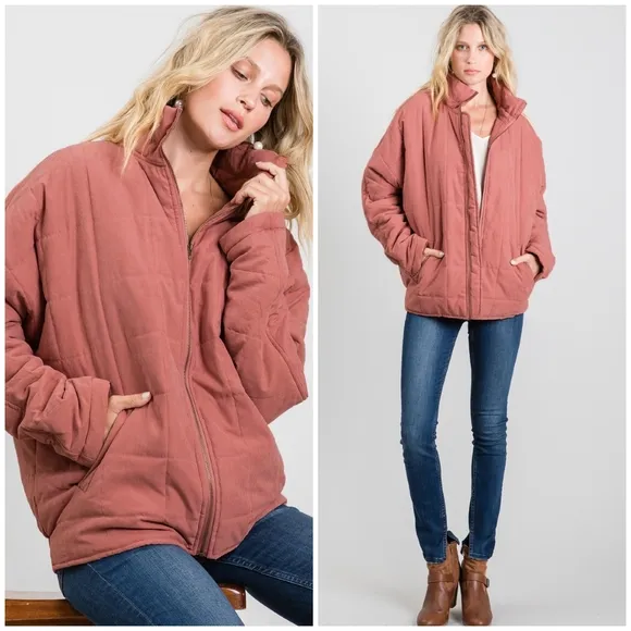 JODIFL Vintage Mauve Oversized Quilted Puffer Jacket