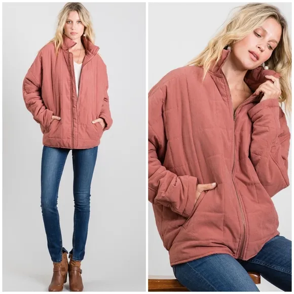 JODIFL Vintage Mauve Oversized Quilted Puffer Jacket