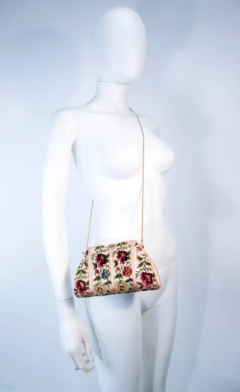 JUDITH LEIBER Peach Satin Rhinestone Embroidered Purse