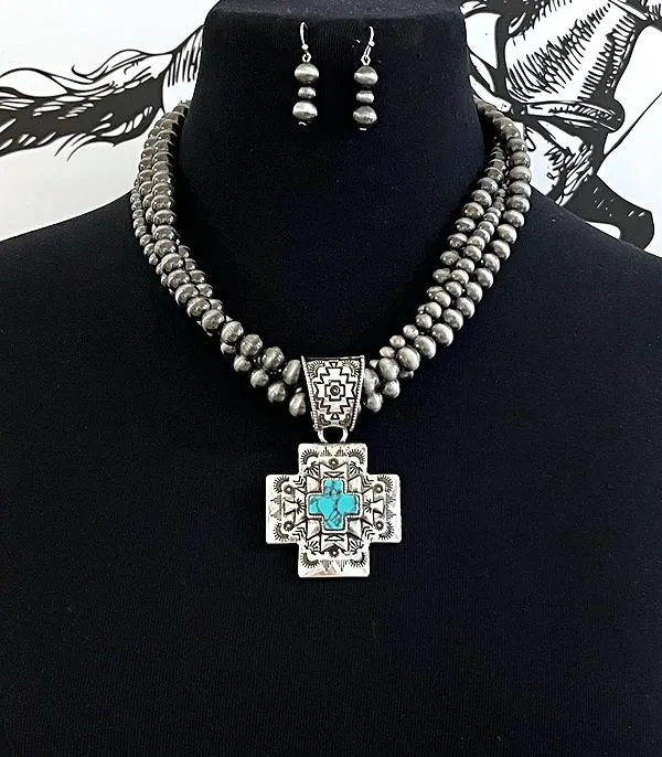 Kenora Fashion 3 Strand Navajo Necklace With Turquoise Cross Pendant - 18"