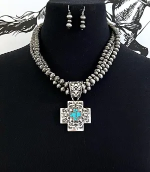 Kenora Fashion 3 Strand Navajo Necklace With Turquoise Cross Pendant - 18"