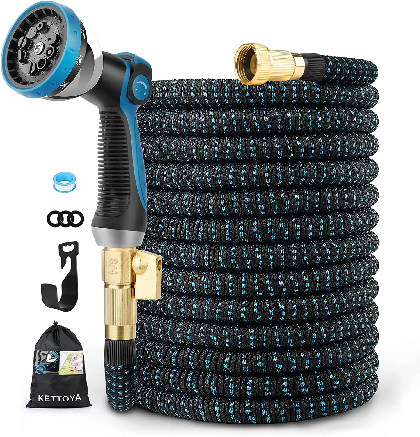 KETTOYA 100FT Expandable Garden Hose, Flexible Water Hose with 10-Pattern Spray Nozzle, Leak-proof Retractable Heavy Duty, 4-layer Latex Core, Durable 3750D, 3/4 Solid Brass Alloy Connector, Kink-Free