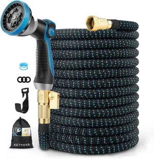 KETTOYA 100FT Expandable Garden Hose, Flexible Water Hose with 10-Pattern Spray Nozzle, Leak-proof Retractable Heavy Duty, 4-layer Latex Core, Durable 3750D, 3/4 Solid Brass Alloy Connector, Kink-Free