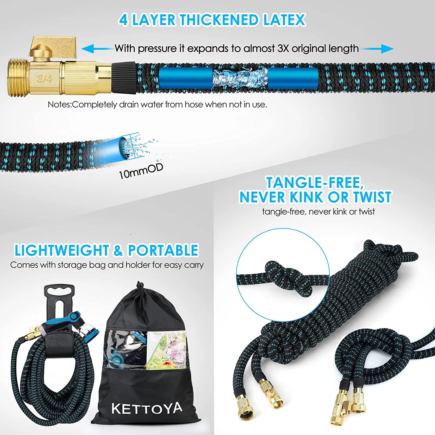 KETTOYA 100FT Expandable Garden Hose, Flexible Water Hose with 10-Pattern Spray Nozzle, Leak-proof Retractable Heavy Duty, 4-layer Latex Core, Durable 3750D, 3/4 Solid Brass Alloy Connector, Kink-Free