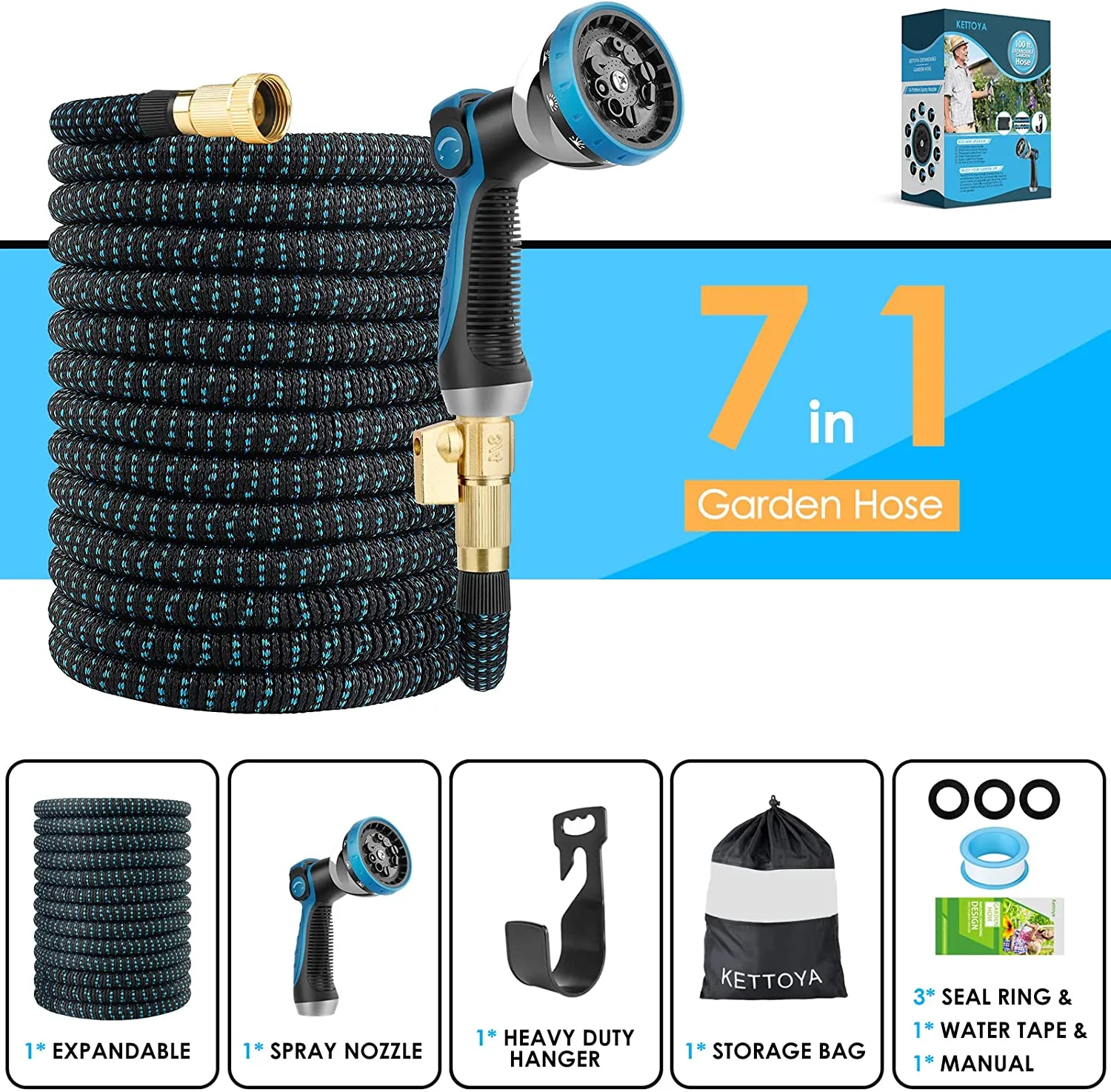 KETTOYA 100FT Expandable Garden Hose, Flexible Water Hose with 10-Pattern Spray Nozzle, Leak-proof Retractable Heavy Duty, 4-layer Latex Core, Durable 3750D, 3/4 Solid Brass Alloy Connector, Kink-Free