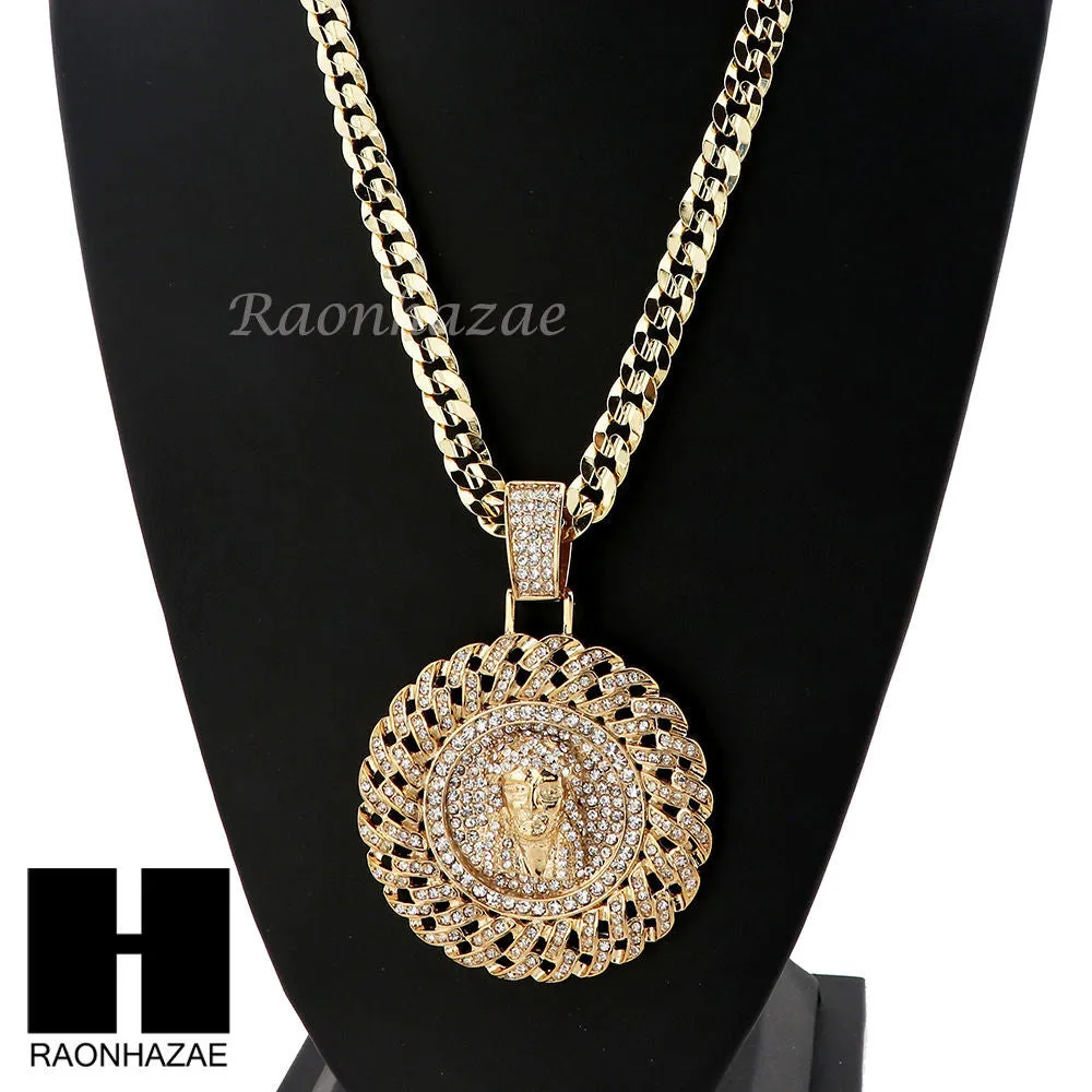 L JESUS FACE ROUND PENDANT & DIAMOND CUT CUBAN LINK CHAIN NECKLACE NN55