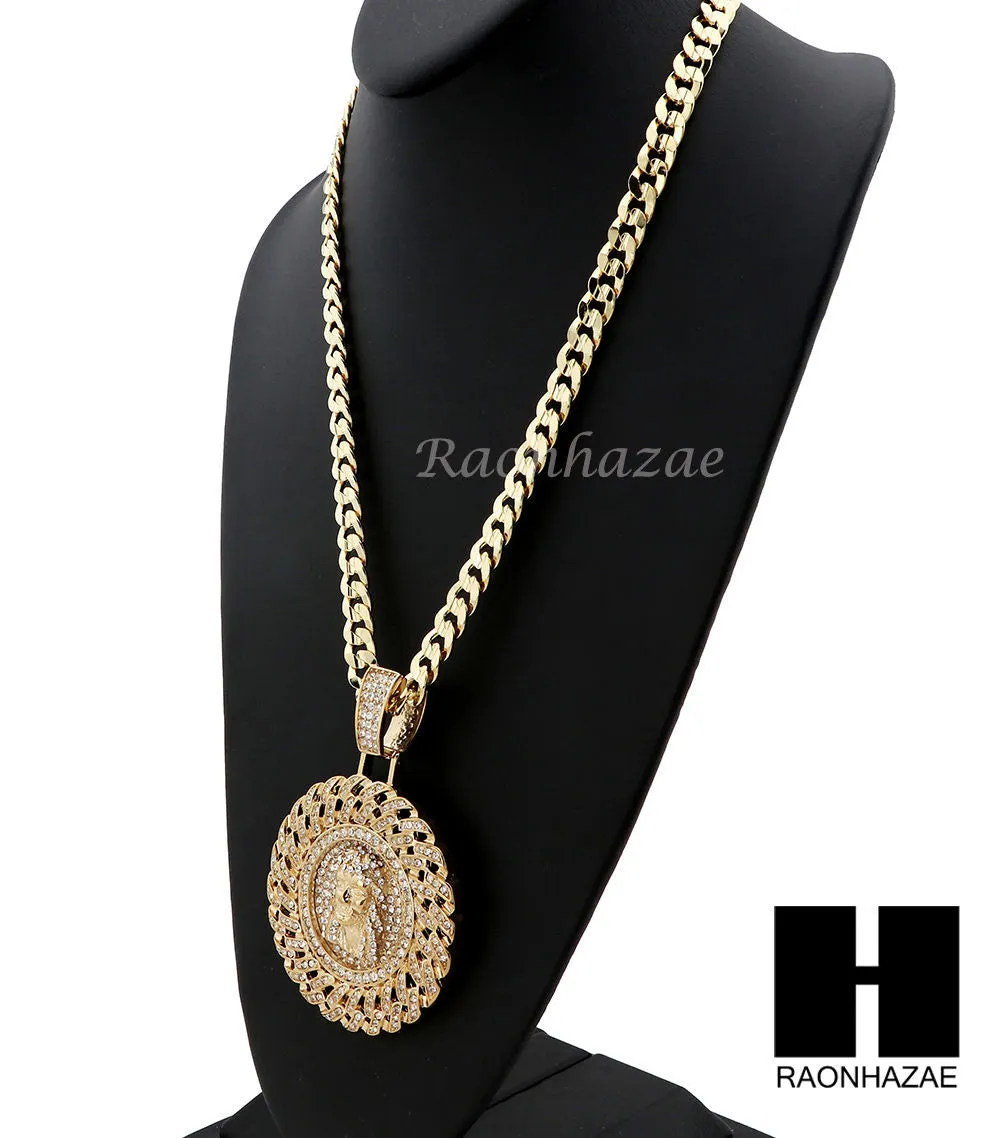 L JESUS FACE ROUND PENDANT & DIAMOND CUT CUBAN LINK CHAIN NECKLACE NN55