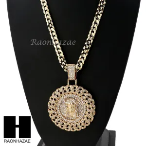 L JESUS FACE ROUND PENDANT & DIAMOND CUT CUBAN LINK CHAIN NECKLACE NN55