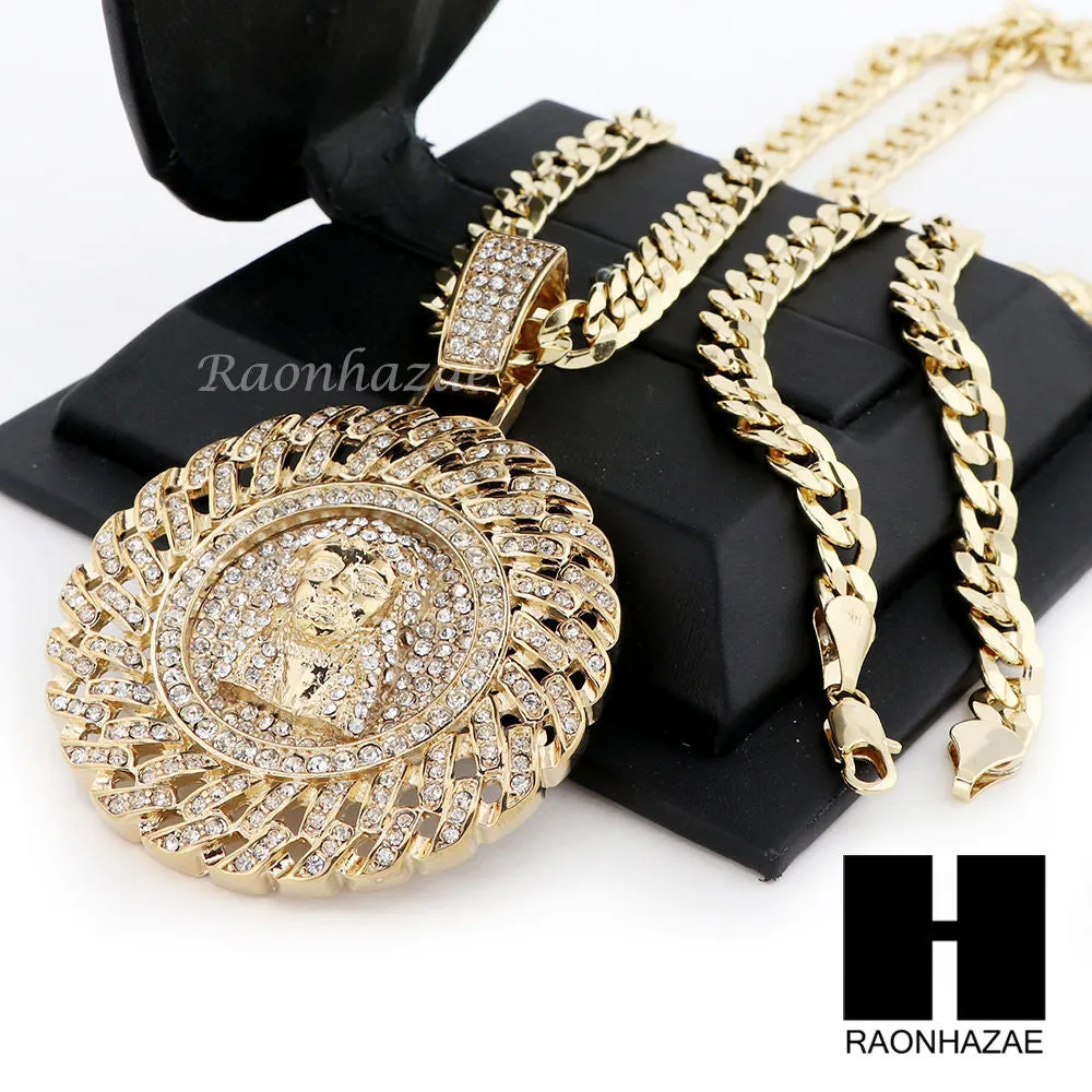 L JESUS FACE ROUND PENDANT & DIAMOND CUT CUBAN LINK CHAIN NECKLACE NN55