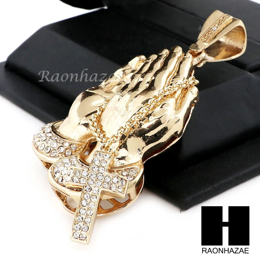 L PRAYING HANDS PENDANT & DIAMOND CUT CUBAN LINK CHAIN NECKLACE NN53