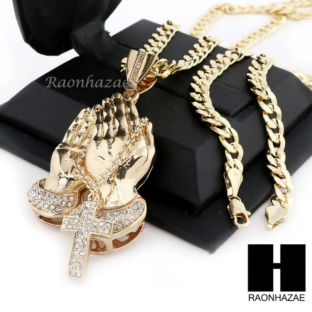 L PRAYING HANDS PENDANT & DIAMOND CUT CUBAN LINK CHAIN NECKLACE NN53