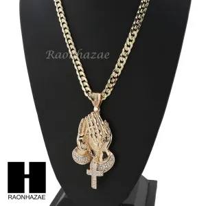 L PRAYING HANDS PENDANT & DIAMOND CUT CUBAN LINK CHAIN NECKLACE NN53