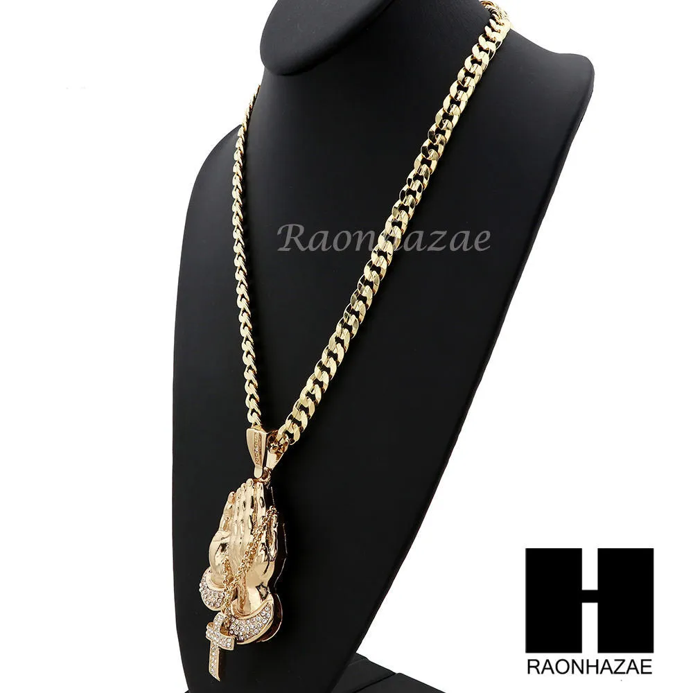 L PRAYING HANDS PENDANT & DIAMOND CUT CUBAN LINK CHAIN NECKLACE NN53