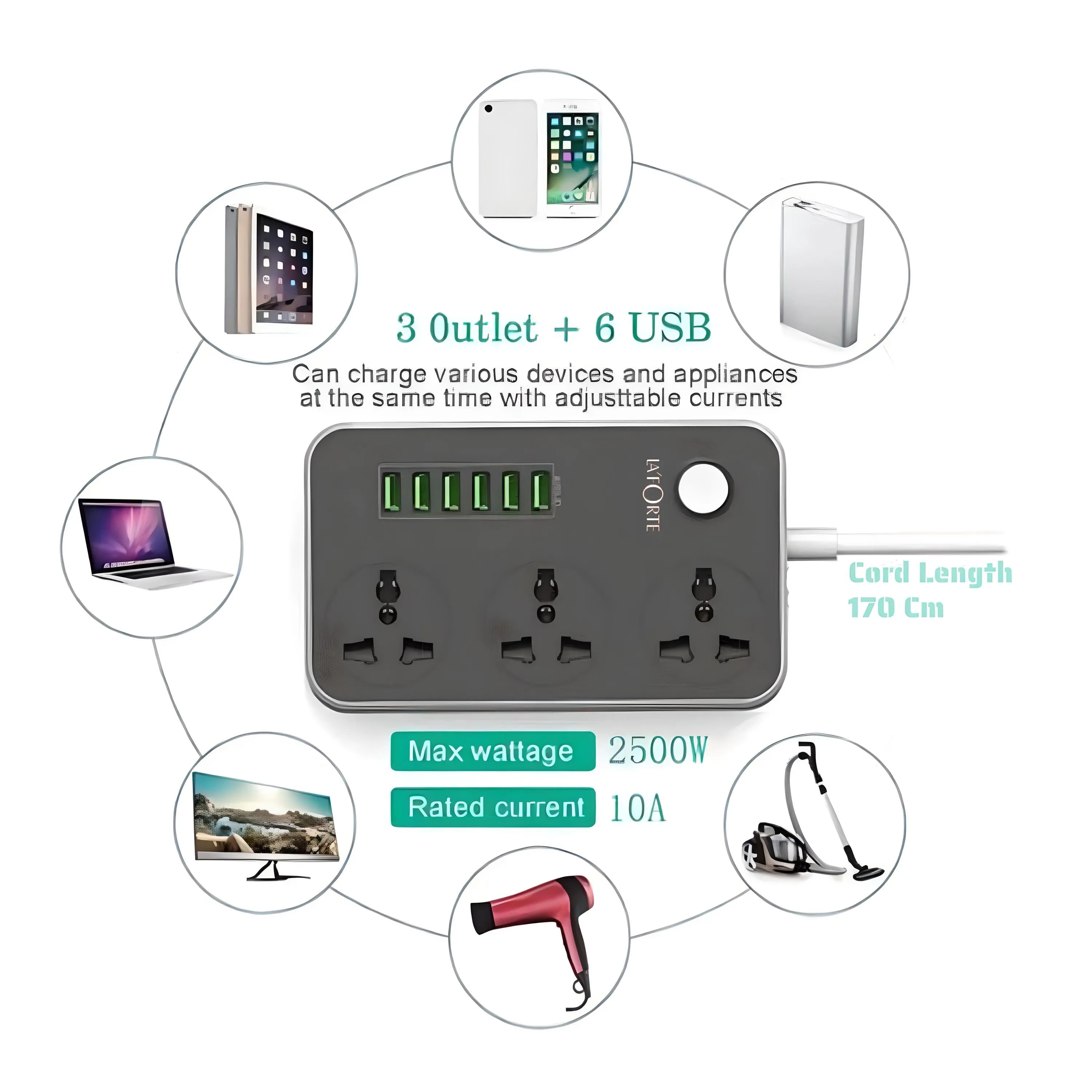 LA' FORTE Extension Board with 6 USB and 3 AC Outlets Power strip (1.65 mtr Long Wire)