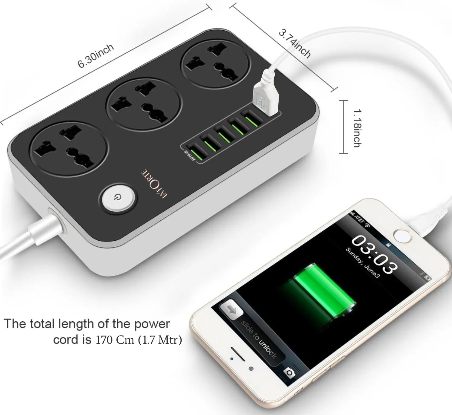 LA' FORTE Extension Board with 6 USB and 3 AC Outlets Power strip (1.65 mtr Long Wire)