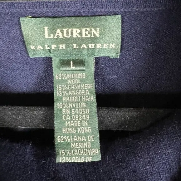 Lauren Ralph Lauren Merino Wool Cashmere Angora Rabbit Sweater Size L Blue Soft