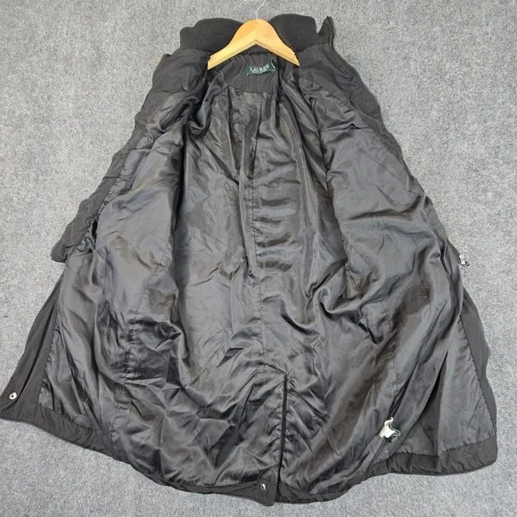 Lauren Ralph Lauren Quilted Black Long Coat Jacket XS Faux Leather Elbow Pads