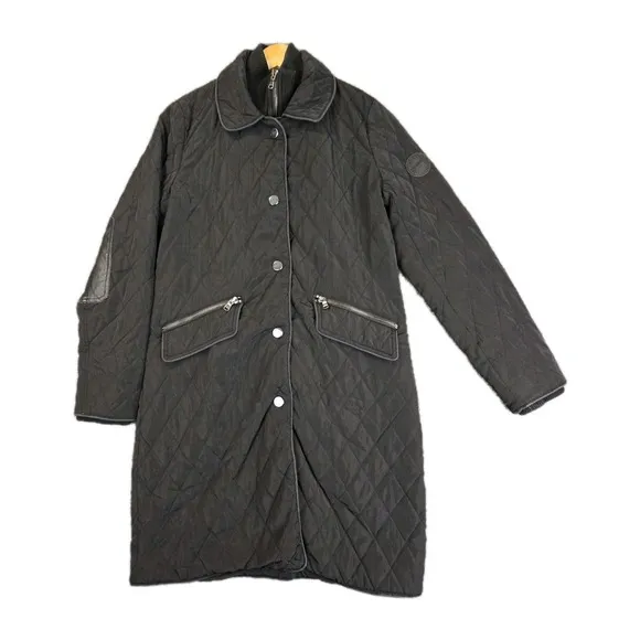 Lauren Ralph Lauren Quilted Black Long Coat Jacket XS Faux Leather Elbow Pads