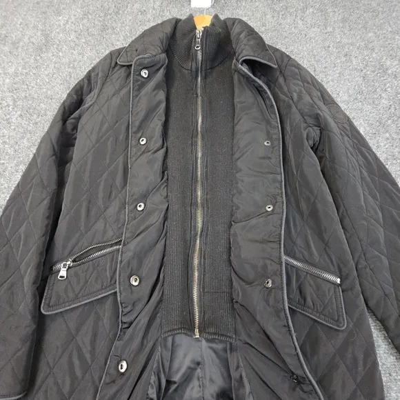Lauren Ralph Lauren Quilted Black Long Coat Jacket XS Faux Leather Elbow Pads