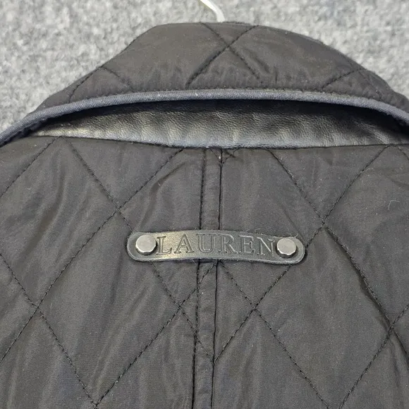 Lauren Ralph Lauren Quilted Black Long Coat Jacket XS Faux Leather Elbow Pads