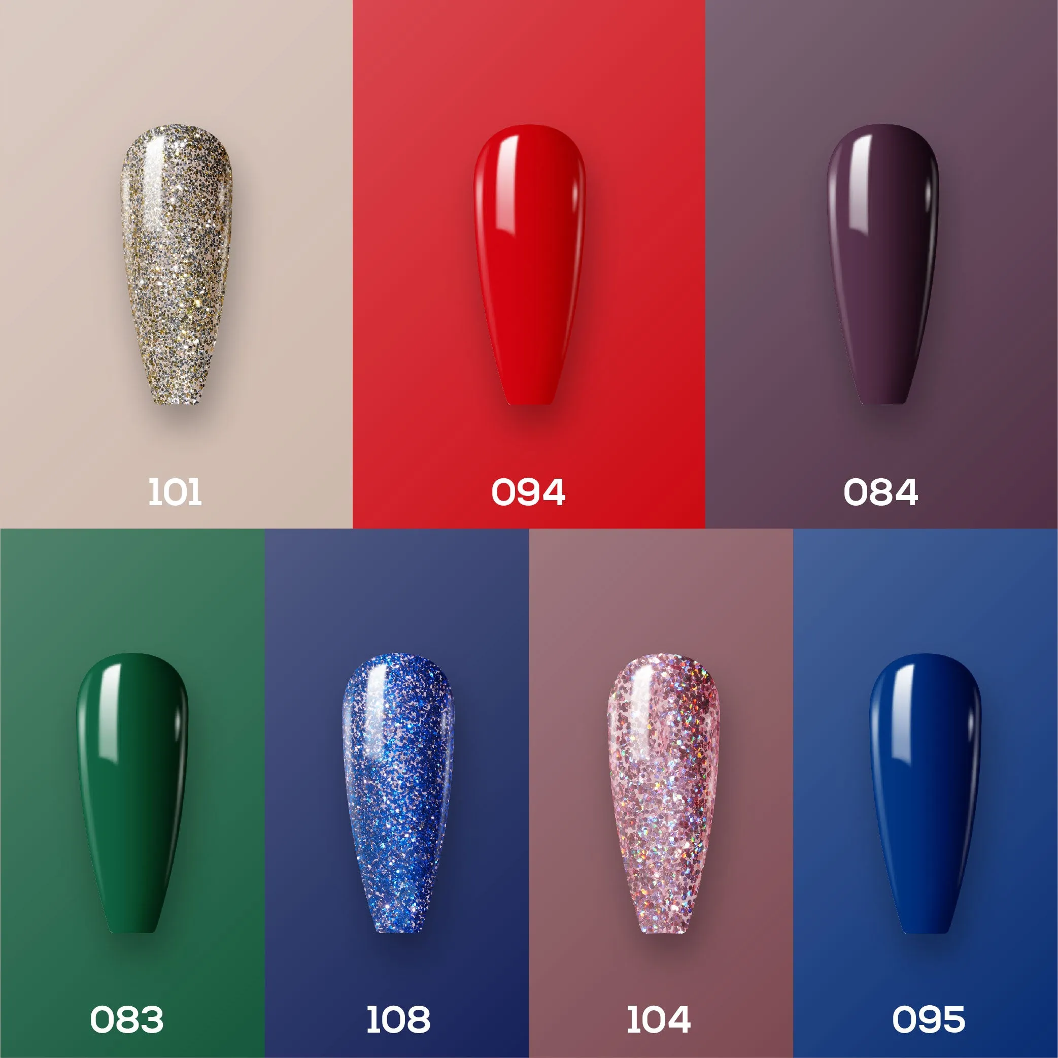 Lavis Holiday Collection: 7 Gel Polishes, 1 Base Gel, 1 Top Gel - Set 25 - 101, 094, 084, 083, 108, 104, 095   BT