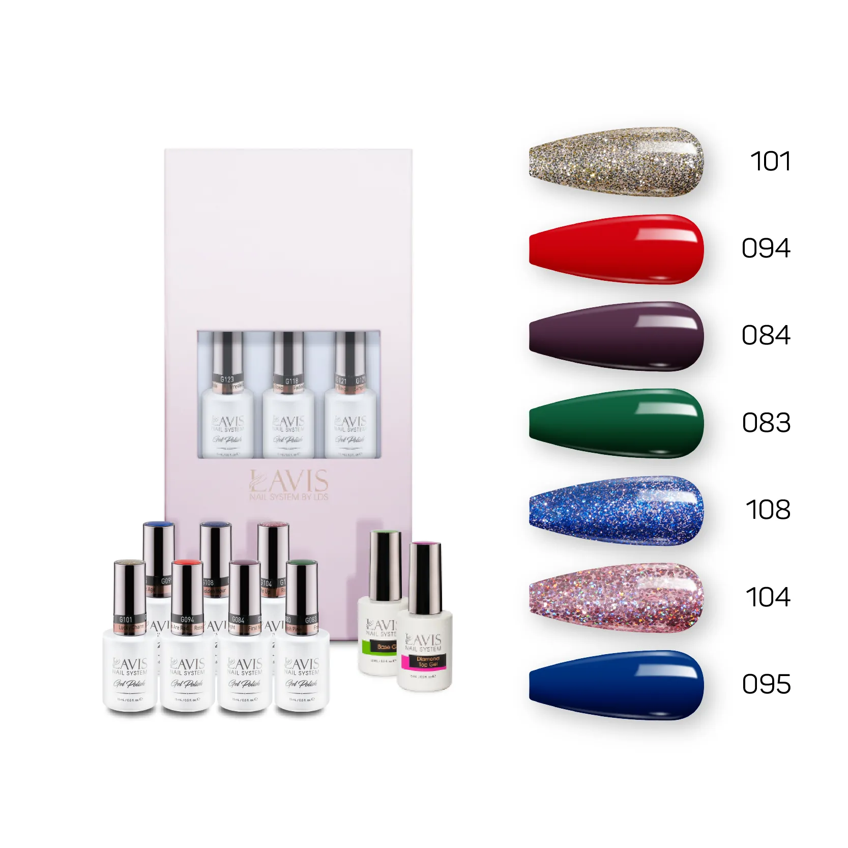 Lavis Holiday Collection: 7 Gel Polishes, 1 Base Gel, 1 Top Gel - Set 25 - 101, 094, 084, 083, 108, 104, 095   BT