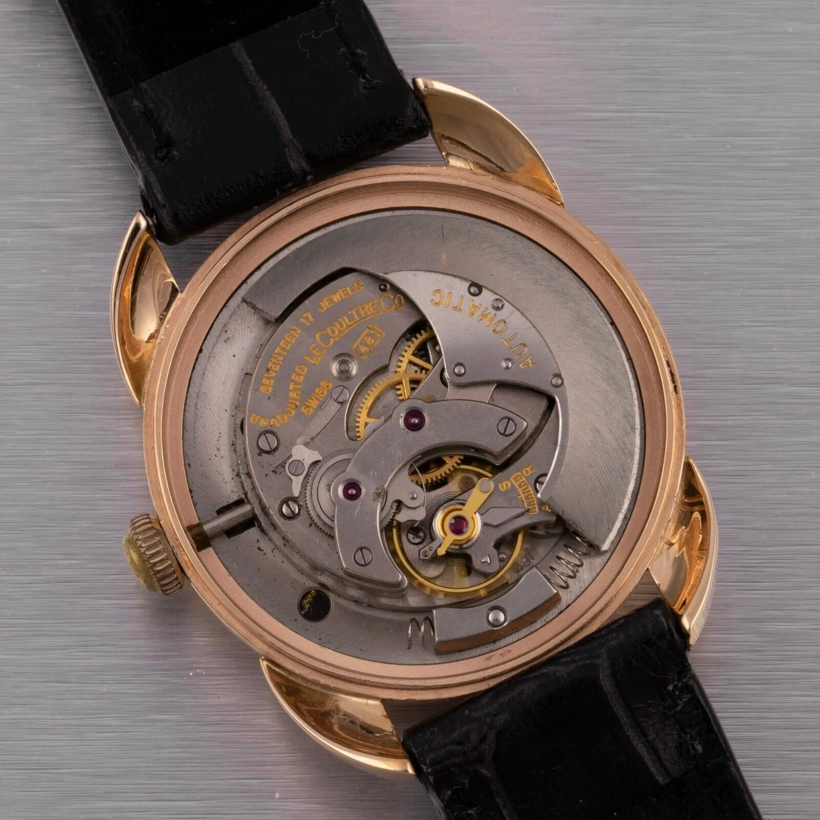 Le Coultre Powermatic 14k Gold 1952 Bumper Power Reserve Black Dial 34mm Watch