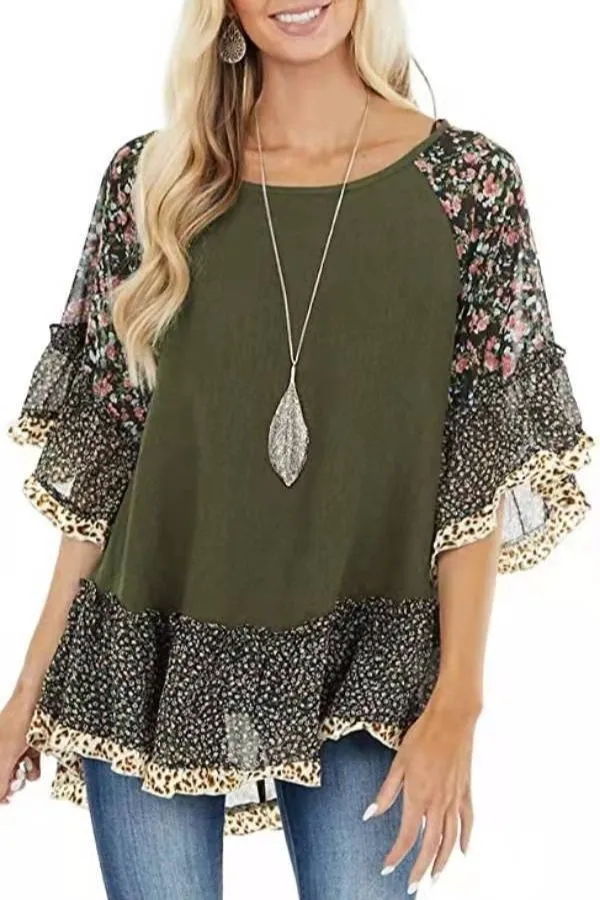 Leopard Printing Bat Sleeve T-shirts