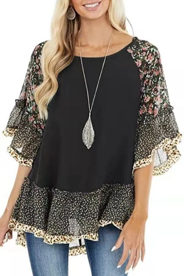 Leopard Printing Bat Sleeve T-shirts