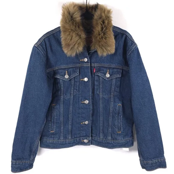 LEVI’S Ex-boyfriend Trucker Denim Jacket Faux Fur Collar Quilted Lining SMALL