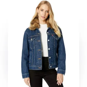 LEVI’S Ex-boyfriend Trucker Denim Jacket Faux Fur Collar Quilted Lining SMALL