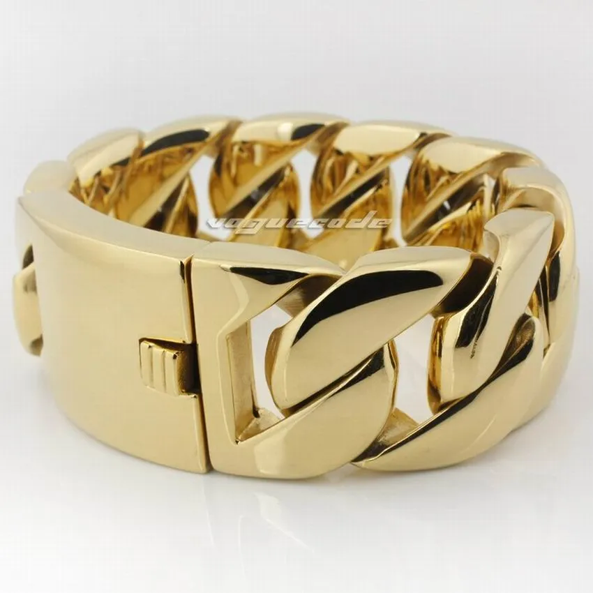 LINSION Huge Heavy 316L Stainless Steel Golden Color Bracelet Mens Biker Rocker Punk Link Chain 5Q005 Free Shipping