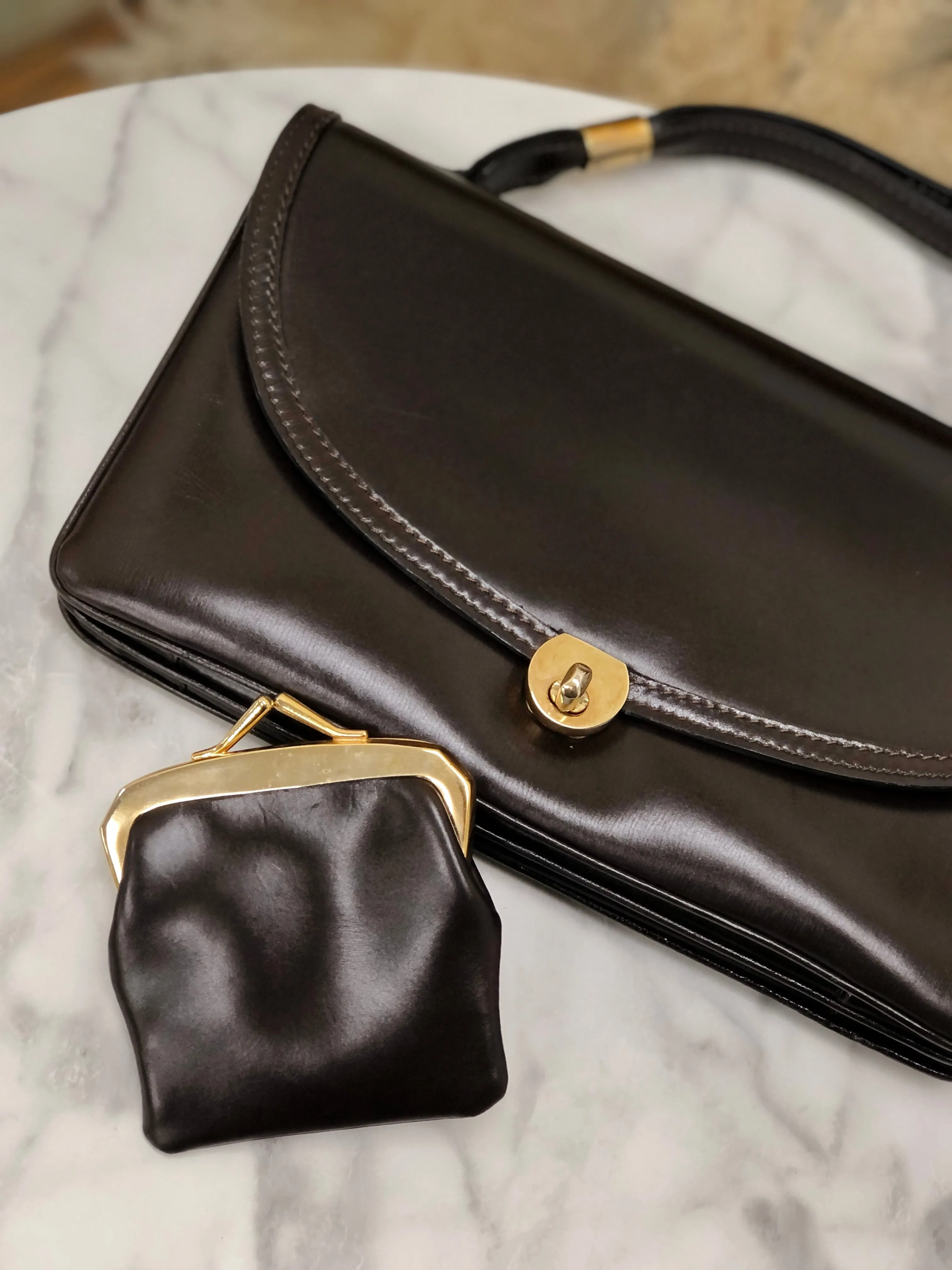 LOEWE Leather Metal Clasp Coin Purse Brown Vintage 4s3vw2