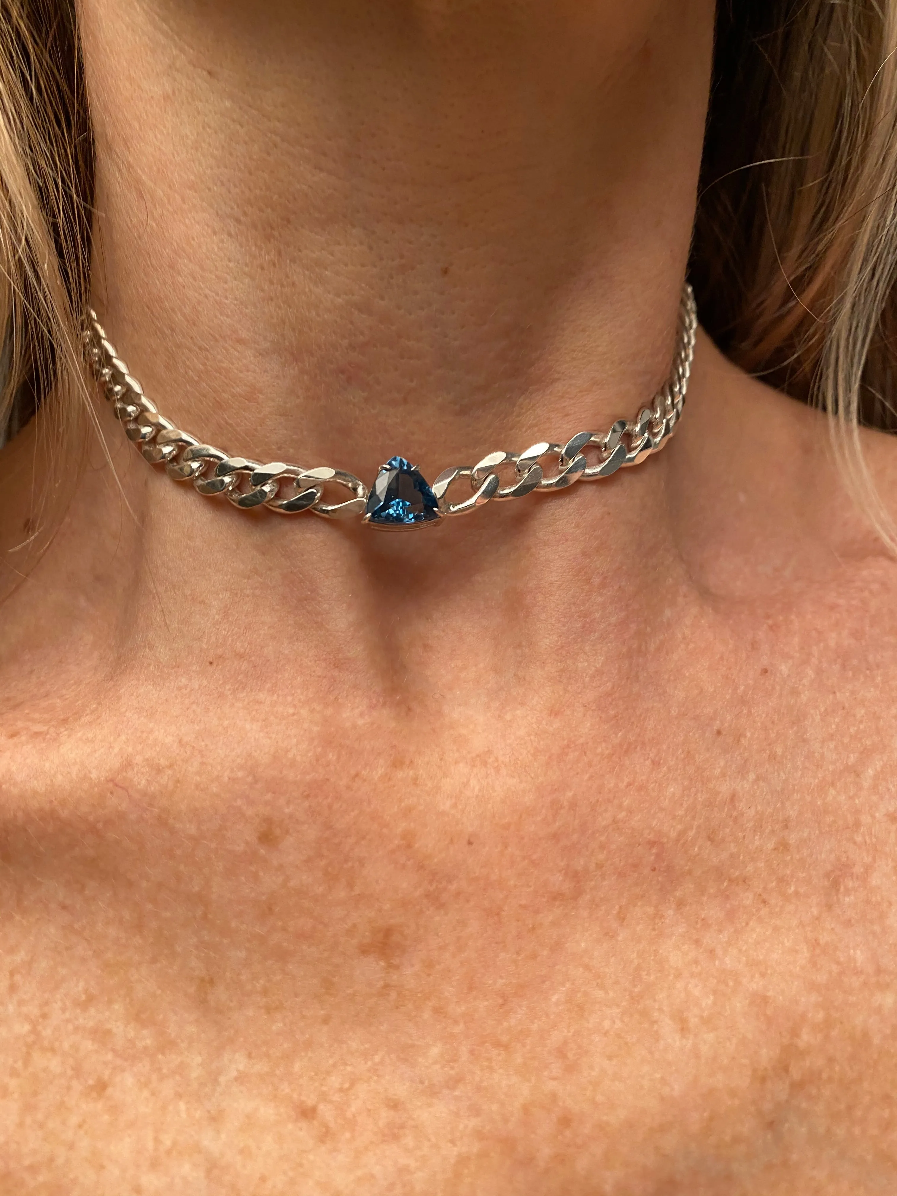 London Blue Topaz Pyramid Choker on Cuban link