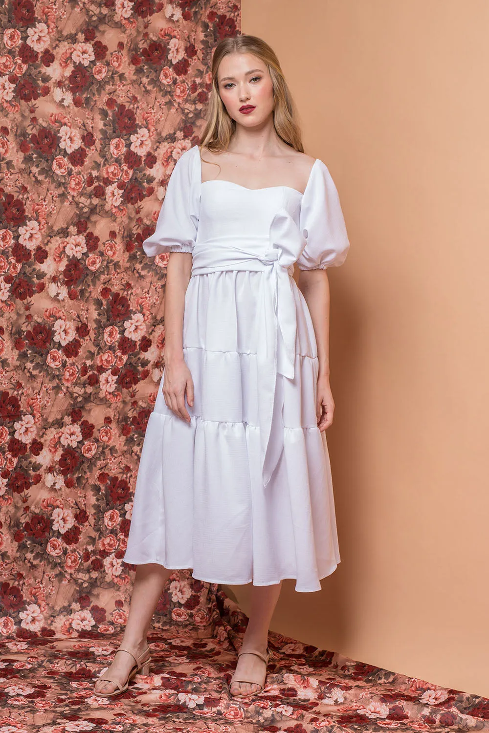 MARQUITA Puff Sleeve Midi Dress with Detachable Tie (White Linen)