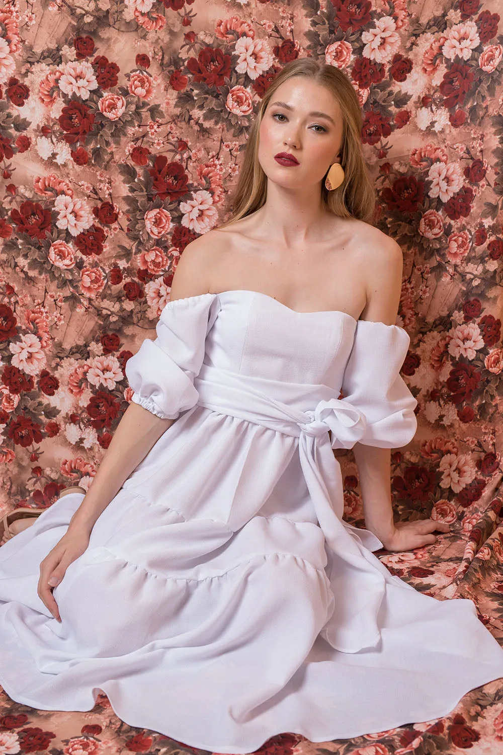 MARQUITA Puff Sleeve Midi Dress with Detachable Tie (White Linen)